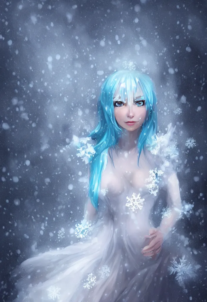 Prompt: a stunningly pretty woman with pale blue hair wearing a dress made out of snowflake in the middle of a snowstorm. award - winning digital art, trending on artstation