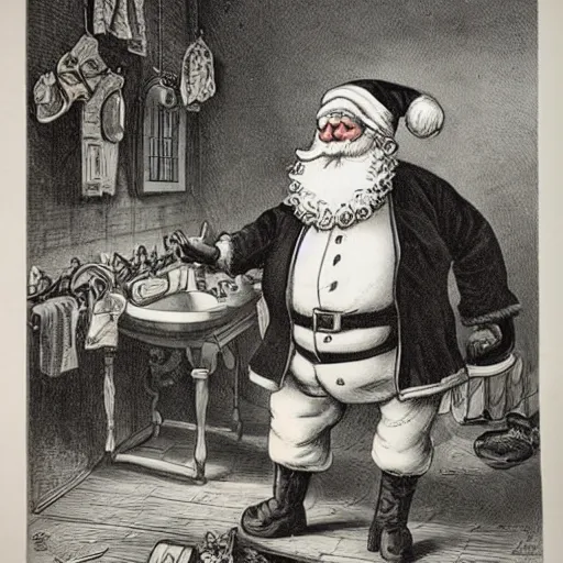 Prompt: currier and ives print showing santa claus using the toilet with his pants around his ankles, highly detailed