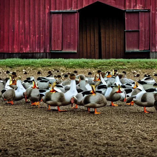 Prompt: many ducks running out of a barn at high speed realistic photograph