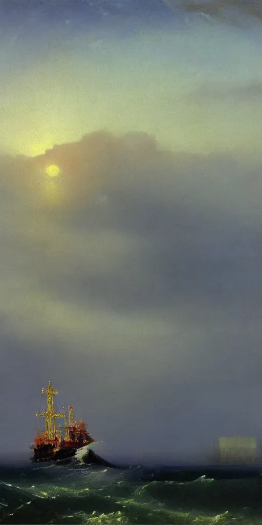 Image similar to oil rig by aivazovsky, oil on canvas, highly detailed, masterpiece painting