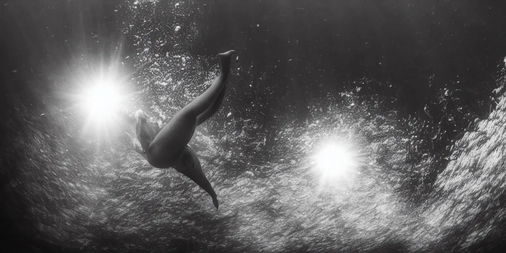 Image similar to wide angle view, underwater looking up, woman of color model swimming in large tall rock trench , toward the sun rays and caustics, film , cinematic, black and white underwater photography