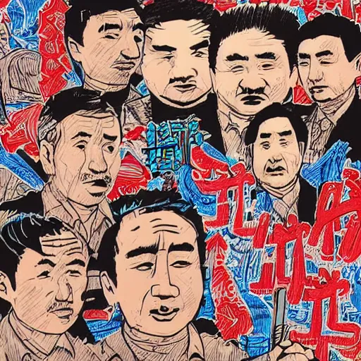 Image similar to uyghur Uighur men in a prison, heart kidney lungs, in the style of daniel johnston and outsider art, 4k, line brush, overlaid with chinese adverts and mandarin text