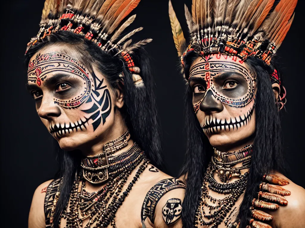 Image similar to photorealistic head and shoulders photo of beautiful female ornate fantasy indian tribal aztec warrior goddess, confident, minimal black skull warpaint, tattoos, Neil Blevins, James Paick, Natasha Tan, Maciej Kuciara, Frank frazetta, arney freytag, Ritu Kumar, Sabyasachi Mukherjee, Annie Leibowitz, bokeh, 4k, fashion pose, cinematic, National Geographic photo shoot, dramatic, 28mm