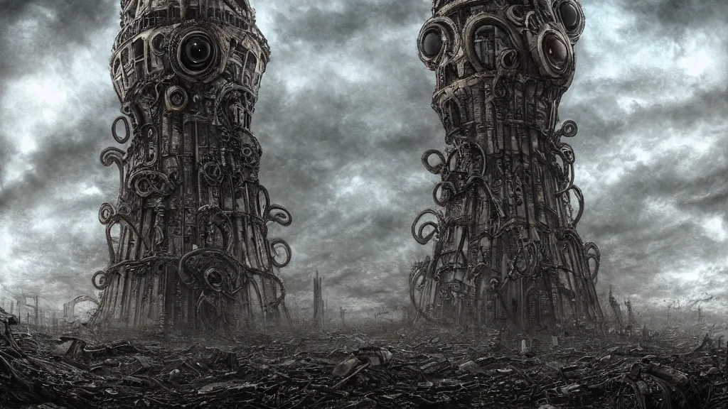 Image similar to A tower with an Eyeball at the top, BioMechanical like Giger, with tentacles coming out, looking over a stormy post-apocalyptic wasteland, dystopian art, wide lens