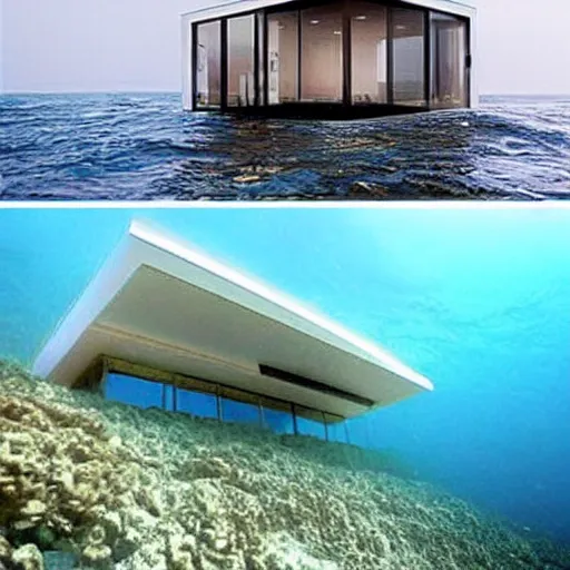 Image similar to a house half submerged in the ocean.