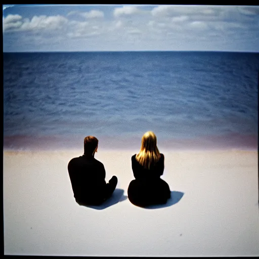 Image similar to 3 5 mm film photo of a man and a woman sitting with the sea behind them, hyperrealistic