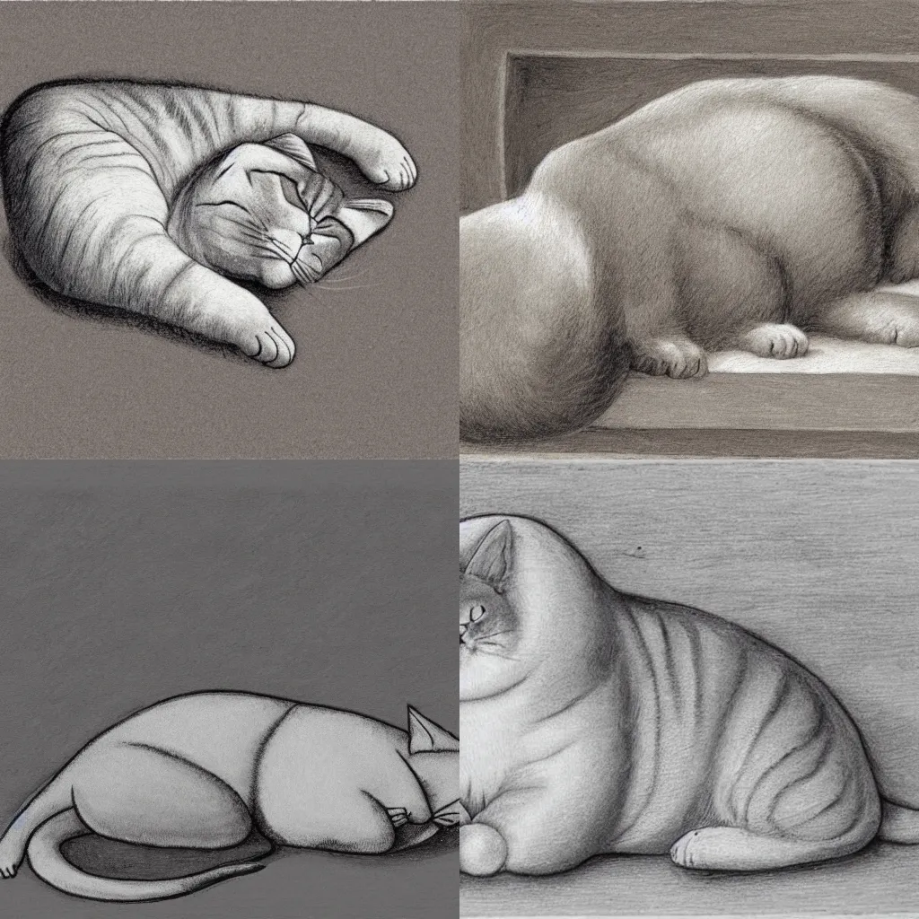 Prompt: A giant grey chubby cat laying on its back, drawn in the style of Michelangelo di Lodovico Buonarroti Simon.