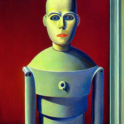 Prompt: super - intelligent robot with kind eyes portrait, grant wood, pj crook, edward hopper, oil on canvas