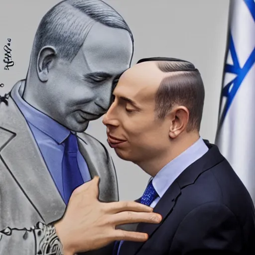 Image similar to benjamin netanyahu kissing naftali bennet, realistic, detailed