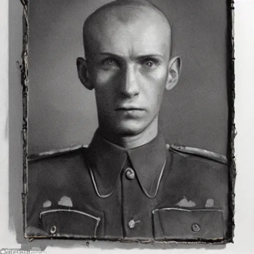 Prompt: oil portrait of a thin Soviet soldier in a battered uniform, and a clean shaven face twisted with fear and sorrow, dark background