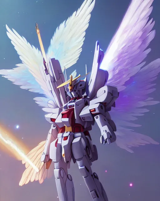 Image similar to highly detailed vfx portrait of an angelic gundam with wings of feathers beam saber fighting in space with a beam gun, unreal engine, greg rutkowski, loish, rhads, beeple, makoto shinkai and lois van baarle, ilya kuvshinov, rossdraws, tom bagshaw, alphonse mucha, global illumination, detailed and intricate environment