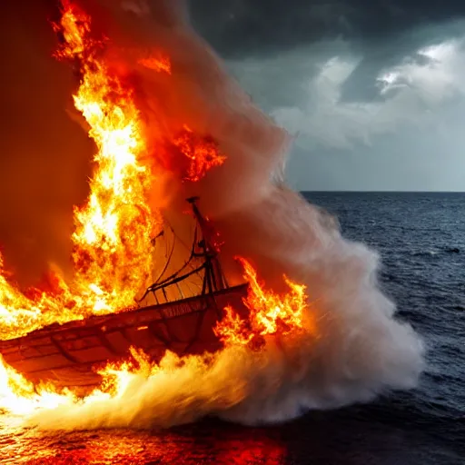 Prompt: 8k ultra detail photo of a pirate ship on fire during a storm in the sea