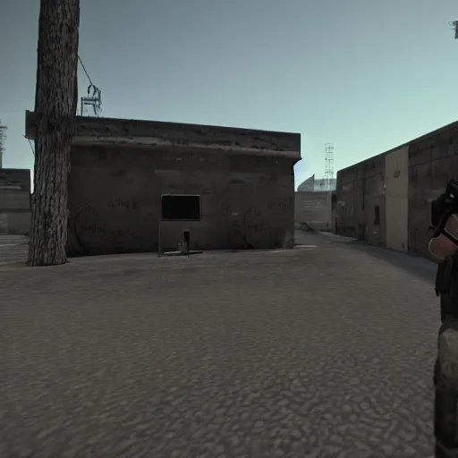 Prompt: Walter White in Counter Strike Global Offensive gameplay videogame screenshot trailer footage, de_dust 2 desert town