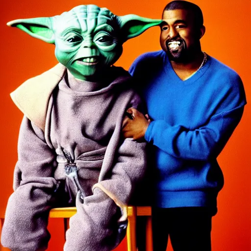 Image similar to kanye west smiling and holding yoda yoda for a 1 9 9 0 s sitcom tv show, studio photograph, portrait