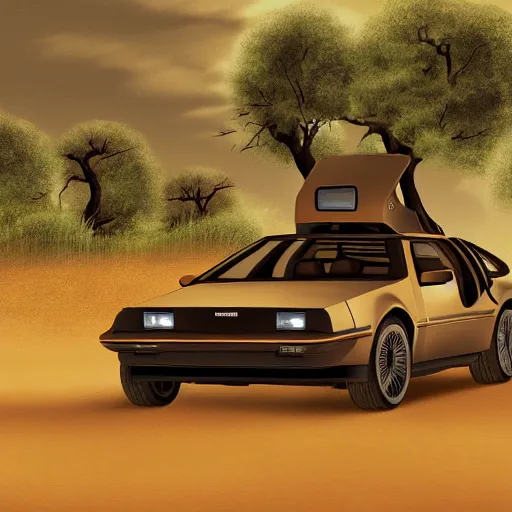 Image similar to a sepia photograph of a delorean time machine on the oregon trail, trending on art station,