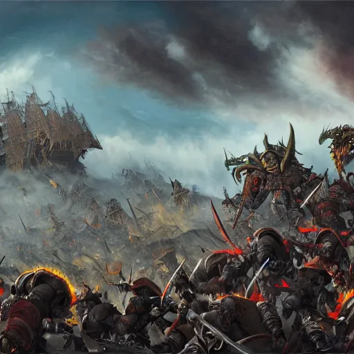 Image similar to wide landscape shot of warhammer orcs fighting pirate vampires, trending on artstartion