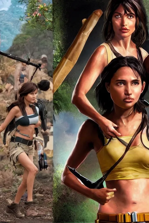 Image similar to Isabela Merced as Dora the Explorer vs Angelina Jolie as Lara Croft, movie concept art, film by Michael Bay