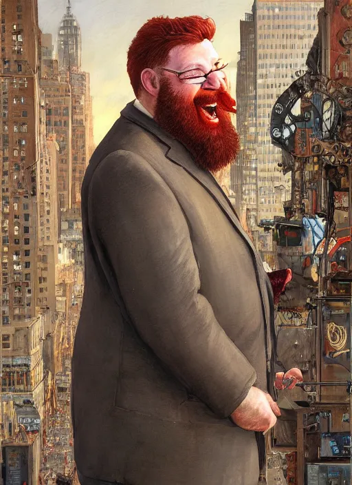 Image similar to a laughing fat redheaded man with beard talking on a cell phone manhattan skyline in the background, portrait, intricate, elegant, highly detailed, centered, digital painting, artstation, concept art, smooth, sharp focus, illustration, art by art germ and donato giancola and Joseph Christian Leyendecker