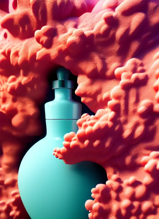 Prompt: perfume bottle covered in seafoam and corals, up close shot, sharp focus, global illumination, radiant light, alexandre ferra white mecha, irakli nadar, octane highly render, 4 k, ultra hd,