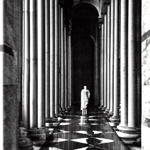 Prompt: machiavelli walking down a hallway with marble columns
