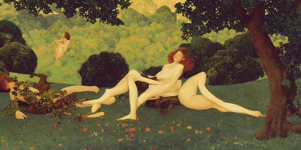 Image similar to a woman and a dryad lounging on a edwardian couch, style of maxfield parrish,