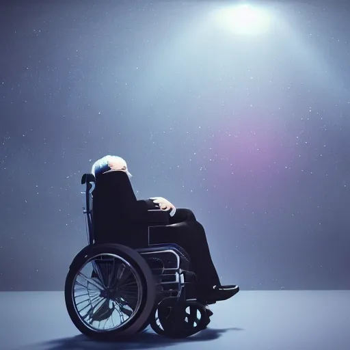 Image similar to Stephen Hawking in his wheelchair floating in completely dark outer space, digital art, trending on ArtStation, 3d rendered in octane, blender, epic lighting, highly detailed, smooth, Unreal Engine 5, cinematic, 8k, 4k