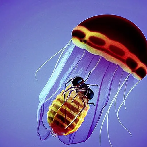 Image similar to a award winning photo of a wasp trapped inside a jellyfish, by national geografic, photorealism