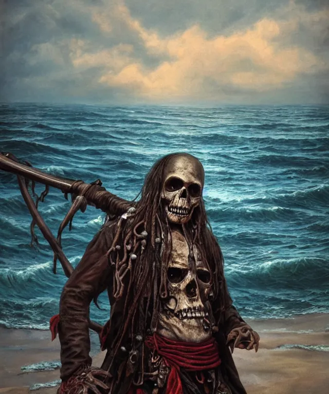 Image similar to ultra realistic color photo of an undead pirate with the ocean in the background on a tropical shore, dark, painted, brooding, atmospheric, seascape, lovecraft, horror, smooth, epic, highly detailed, cinematic, annie lebowitz