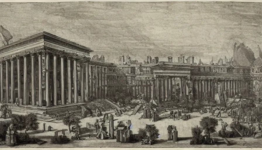 Image similar to a huge square with non euclidian building, by piranesi, high quality, high detailed