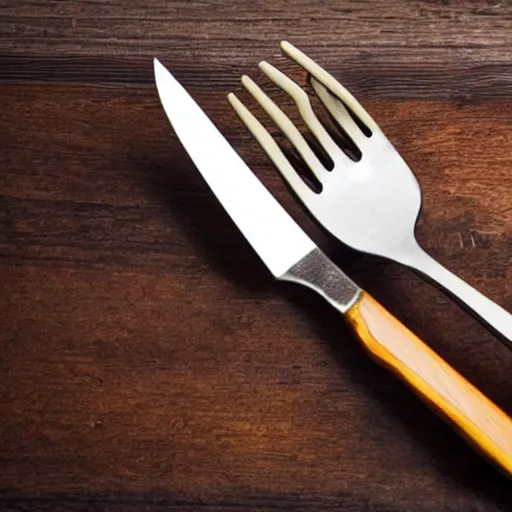 Prompt: a fork, a plate and a knife on a wooden table