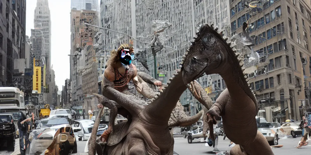 Image similar to Jesus riding a dinosaur in downtown Manhattan