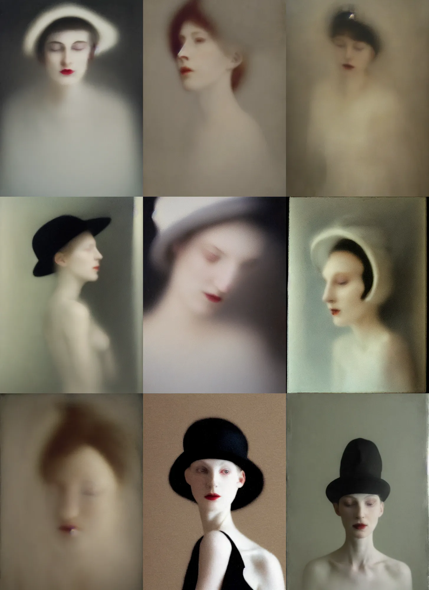 Image similar to out of focus photorealistic portrait of a beautiful pale young woman by sarah moon, very blurry, translucent white skin, closed eyes, foggy, closeup, with a weird hat