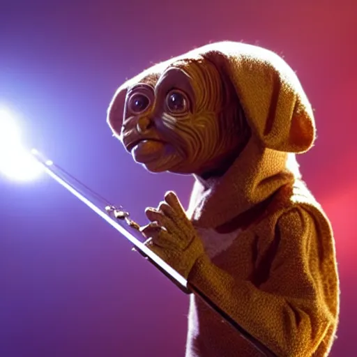 Prompt: E.T. playing the violin in the spotlight on stage with his heart glowing