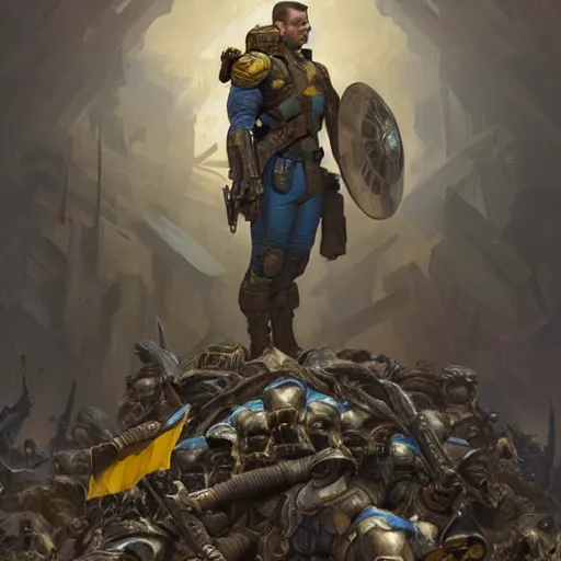 Image similar to a distant shot of a super soldier with blue and yellow flag on his back standing on a pile of skulls, western, D&D, fantasy, intricate, elegant, highly detailed, digital painting, artstation, concept art, matte, sharp focus, illustration, art by Artgerm and Greg Rutkowski and Alphonse Mucha