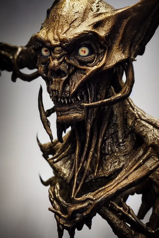 Image similar to photo taken of an epic intricate, ultra detailed, super realistic sculpture of a nightmarish hellish demonic hooded grim reaper sculpture on display in a workshop, created by weta workshop, full body shots, photorealistic, sharp focus, f 0. 4, face centred, macro photography, golden ratio, golden hour