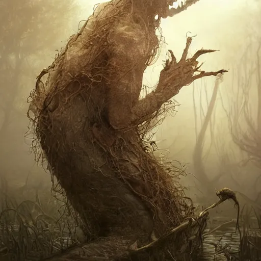 Image similar to rotten stem formed like the face of nick nolte in the swamp, at dusk, misty athmosphere, ultra realistic, concept art, intricate details, eerie, highly detailed, photorealistic, octane render, 8 k, unreal engine. art by ed binkley and ellen jewett and artgerm and greg rutkowski and alphonse mucha