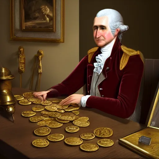 Image similar to a closeup photorealistic photograph of a happy George Washington inspecting small gold Doubloon coins at his home on Cherry Street. This 4K HD image is Trending on Artstation, featured on Behance, well-rendered, extra crisp, features intricate detail and the style of Unreal Engine.