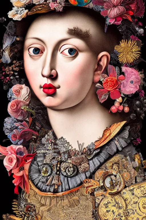 Image similar to Detailed maximalist portrait with large lips and large eyes. 8x HD mixed media, 3D collage, highly detailed and intricate illustration in the style of Caravaggio. colourful matte background