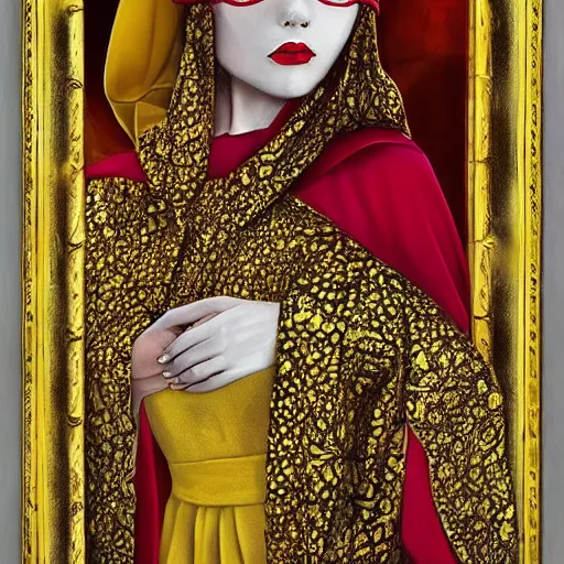 Image similar to a white pale masked priestess of the king in yellow, with a tight yellow silk robe, she wears a lot of luxury jewelry with red gems, fantasy, highly detailed, by peter morbacher