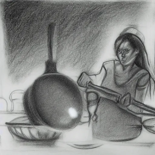 Image similar to charcoal action - drawing of a woman cooking, chopping vegetables, dramatic