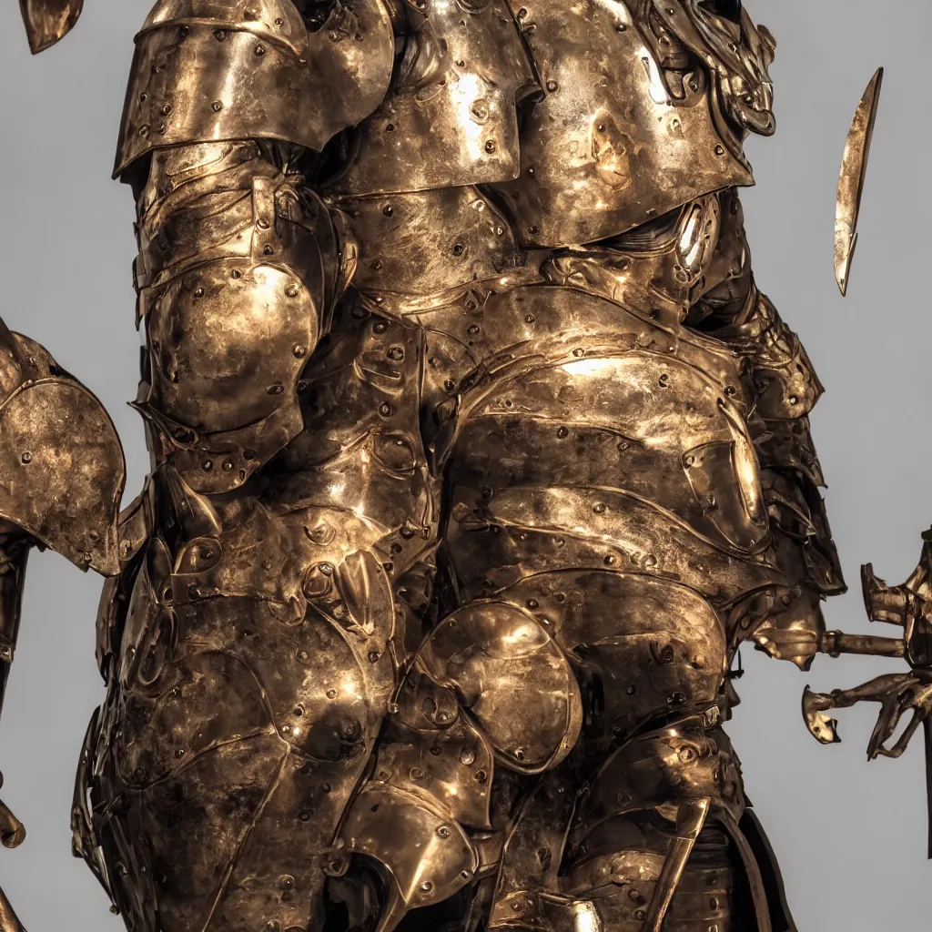 Image similar to of a photo of a knight character that has a helmet that is made of copper and gold, beautiful sculpted details, cinematic lighting, this knight is a war lord who roamed the fields in many battles, there is a faint red aura to him displaying a lot of power