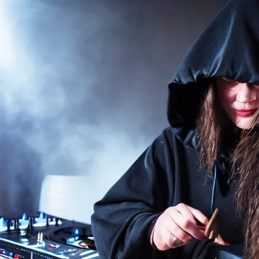 Image similar to a witch wearing a dark hooded cloak on the dj decks