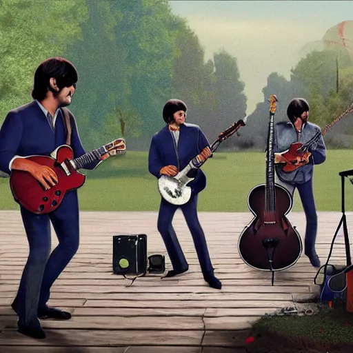 Prompt: pedro sanched playing music with the beatles at woodstock, highly detailed, artstation, 4k