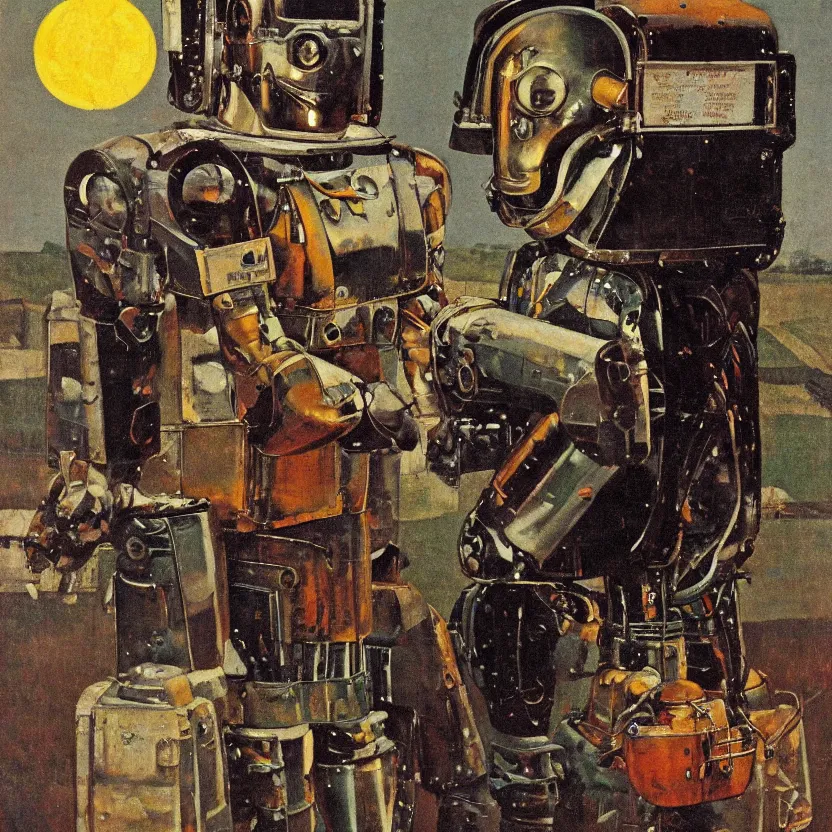 Image similar to portrait painting of a robot made of shiny reflective chrome, painted by norman rockwell. agricultural scene. pulp sci - fi art for omni magazine. high contrast. dark background. baroque period, oil on canvas. renaissance masterpiece. trending on artstation. retrofuturism.