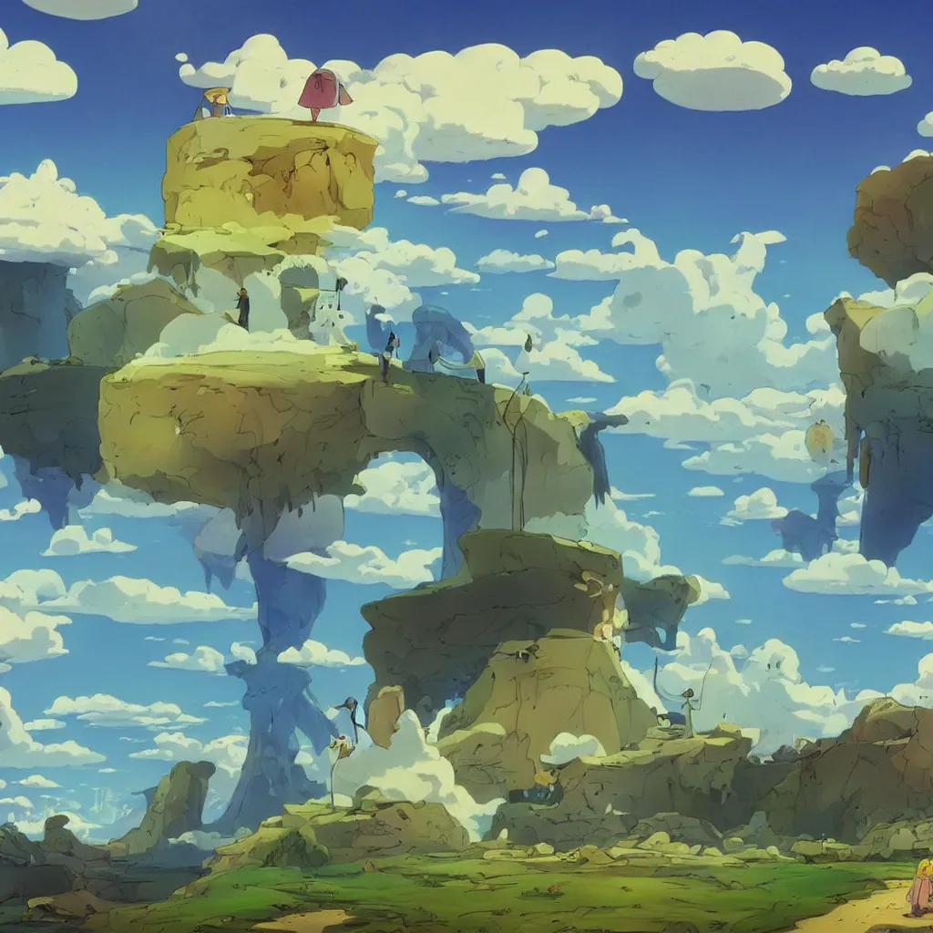 Image similar to amazing beautiful landscape ,a screenshot from adventure time, by Salvador dali and Makoto Shinkai