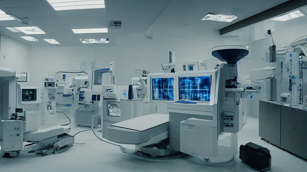 Image similar to an mri image machine and control panels in the inspection room, film still from the movie directed by denis villeneuve with art direction by salvador dali, wide lens
