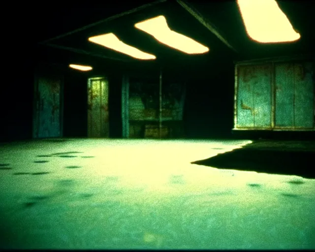 Prompt: low angle shot of an empty space at night, aquatic, shabby chic, cinematography by Jim Jarmusch, composition by Moebius, in the style of Lin Xiao, set design by Chris Cunningham, 35mm, polaroid, color film photography, soundtrack by Janis Joplin, written by James Joyce