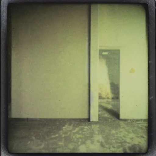 Image similar to a replicant at the top of a dark stairwell, abandoned, creepy, eerie, scary, old polaroid, expired film, out or focus,