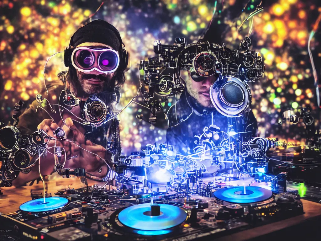 Image similar to a person wearing goggles and visor and headphones using a steampunk record player contraption, wires and tubes, turntablism dj scratching, intricate planetary gears, cinematic, imax, sharp focus, leds, bokeh, iridescent, black light, fog machine, hazy, lasers, hyper color digital art, cyberpunk