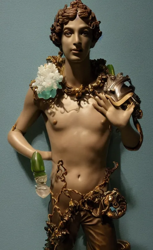 Image similar to a young handsome seductive latino porcelain sculpture of a prince with a head of a CRT monitor and a large glowing violet crystal in the center of his chest, full-body bronze cyberpunk style statue of Andromeda with glowing green laser eyes, crown of mechanical chrysanthemums, flowing aqua silk, fabric, steampunk flowers. baroque elements, human hands. full-length view. baroque element. intricate artwork by caravaggio. many flying horses on background. Trending on artstation, octane render, cinematic lighting from the right, hyper realism, octane render, 8k, depth of field, 3D